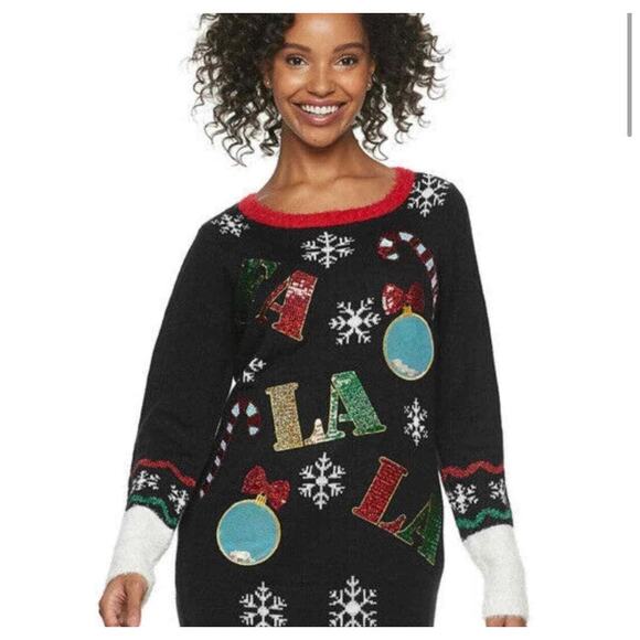 United States Sweaters Sequin Holiday Sweater Dress Size L Black Christmas Tunic - Picture 1 of 10